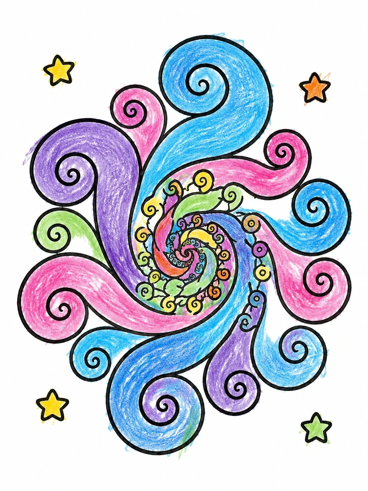 Colored example of the Swirling Spiral Fractal With Stars coloring page