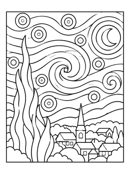 Free printable Swirling Starry Night Village coloring page