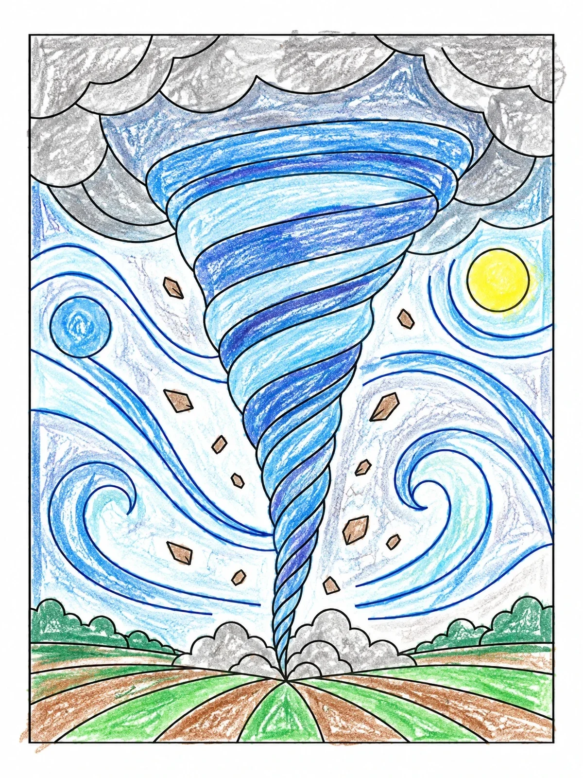 Colored example of the Swirling Tornado Funnel Over Farmland coloring page