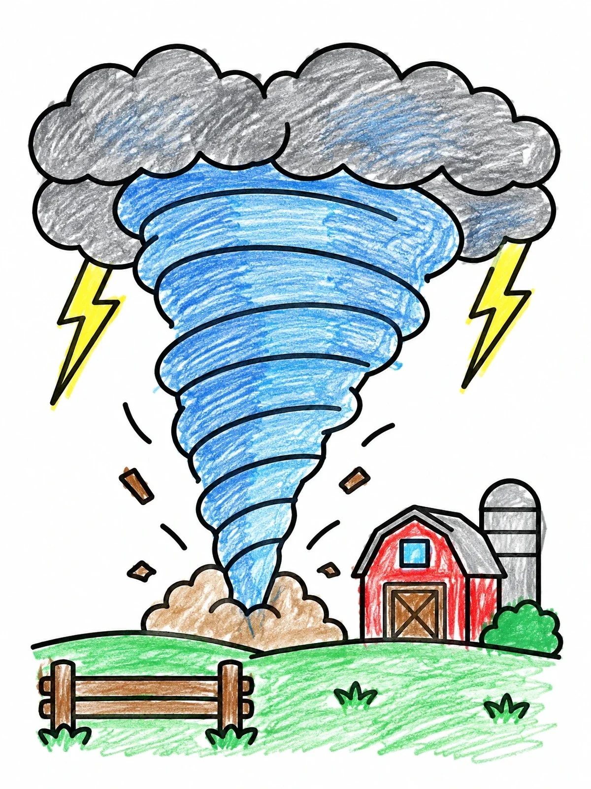 Colored example of the Swirling Tornado Near Farm Barn coloring page