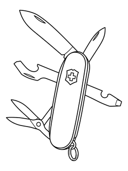 A detailed multi-tool knife coloring page featuring extended blades and openers.