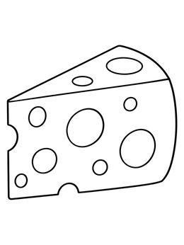 A simple cheese coloring page depicting a classic wedge with round holes.
