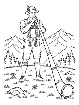 A musician plays an alphorn in an alpine meadow on this switzerland coloring page.