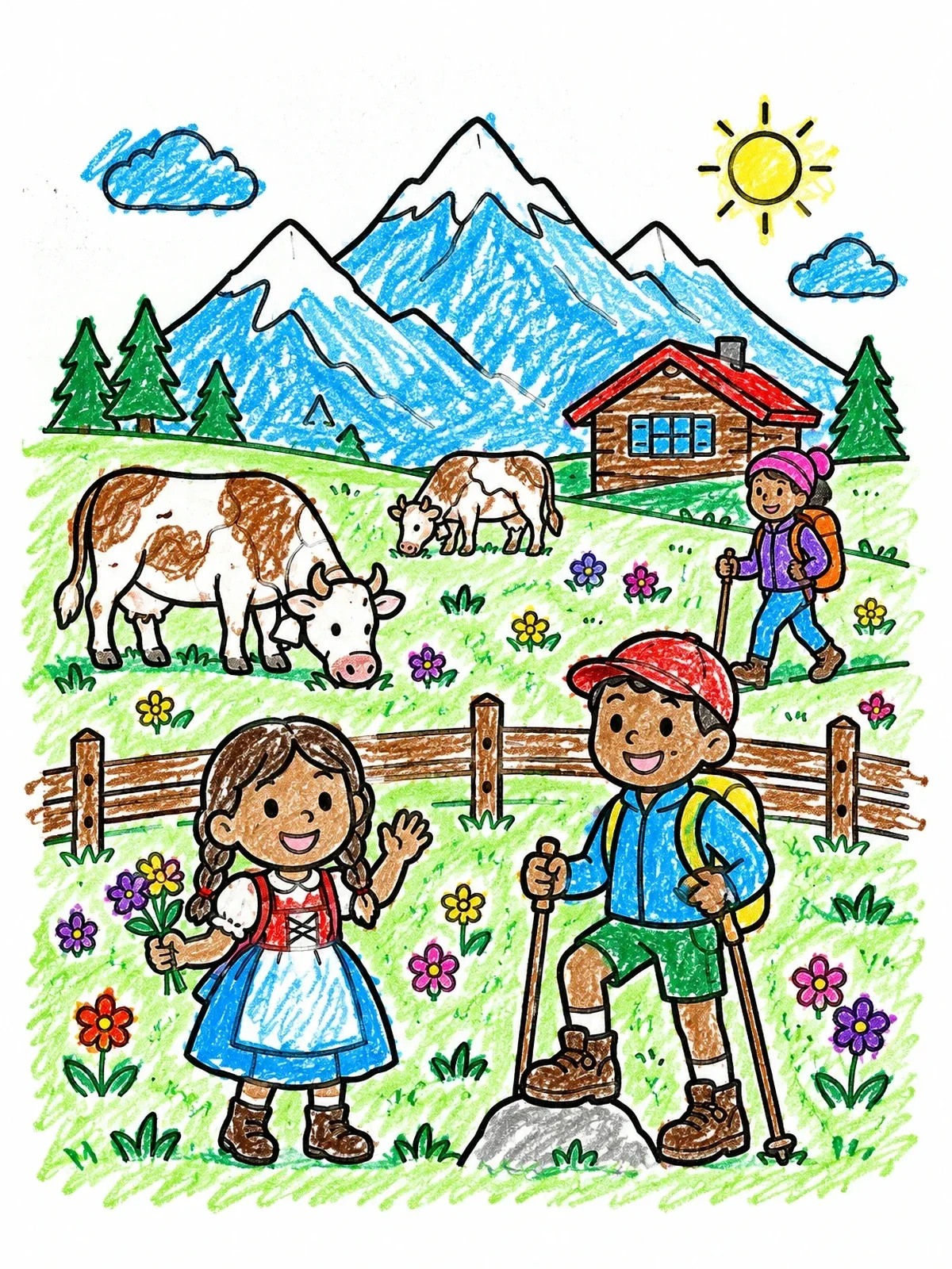 Colored example of the Alpine Hiking In The Swiss Mountains coloring page