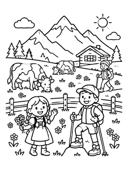 Free printable Alpine Hiking In The Swiss Mountains coloring page