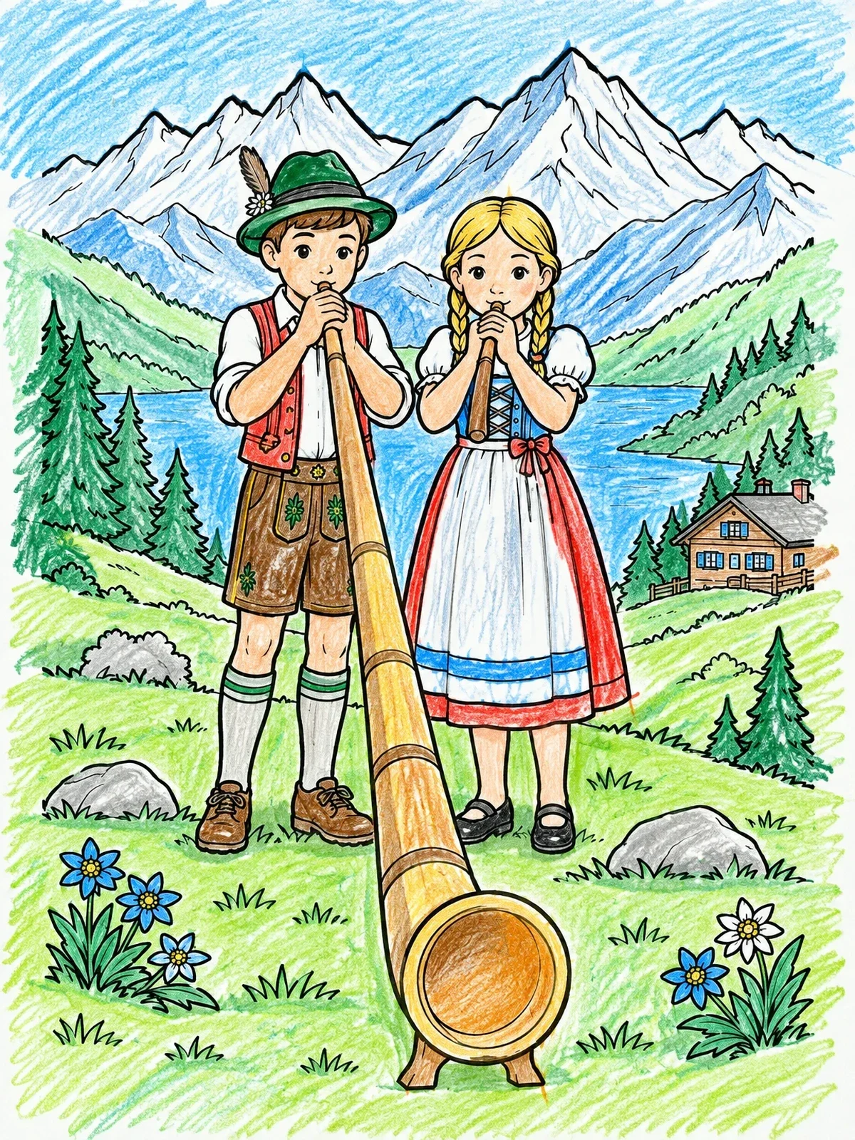Colored example of the Children With Alphorn In The Alps coloring page