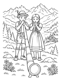 Free printable Children With Alphorn In The Alps coloring page