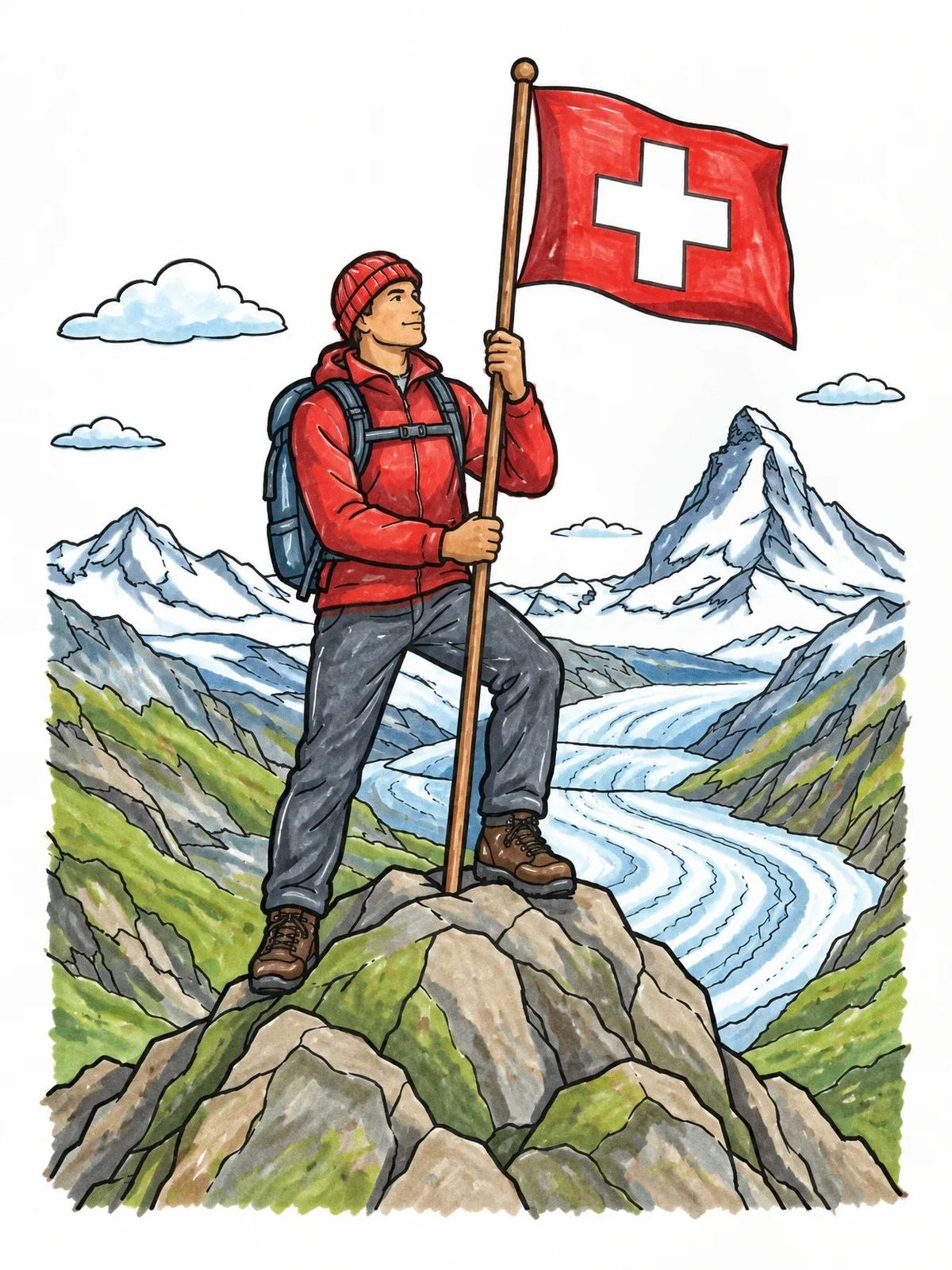 Colored example of the Hiker Holding Swiss Flag On Summit coloring page