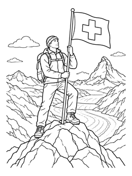 A hiker stands on an Alpine summit holding a flag on this switzerland coloring page.