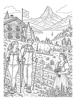 A detailed switzerland coloring page showing hikers, alpine cows, and a mountain peak.