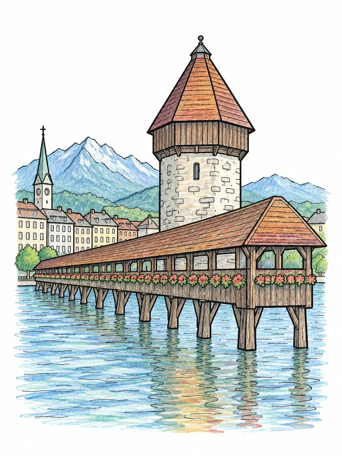 Colored example of the Chapel Bridge And Water Tower coloring page