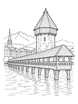 A switzerland coloring page depicting the historic Chapel Bridge and Water Tower in Lucerne.