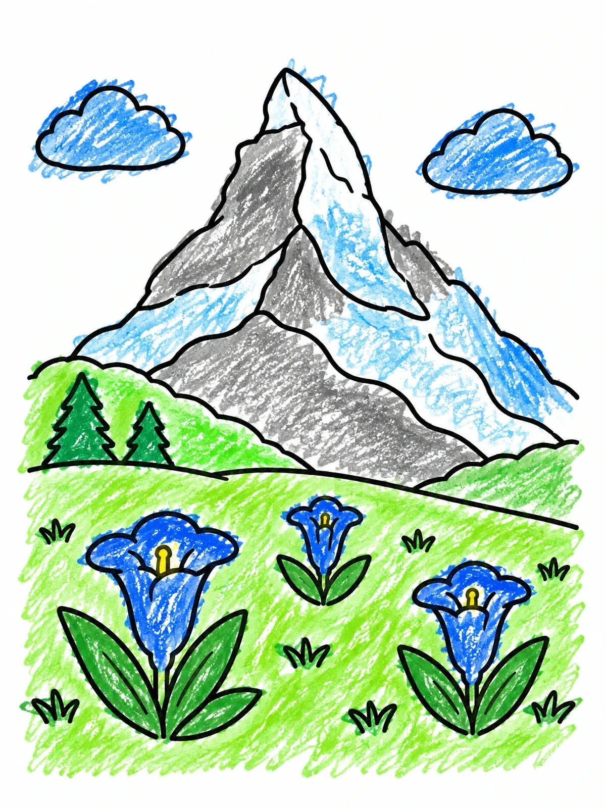 Colored example of the Matterhorn Peak And Alpine Meadow Flowers coloring page