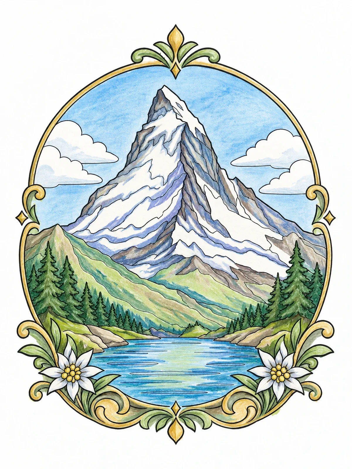 Colored example of the Matterhorn Mountain In Decorative Frame coloring page