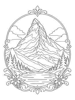 Majestic Matterhorn peak over an alpine lake on this switzerland coloring page.