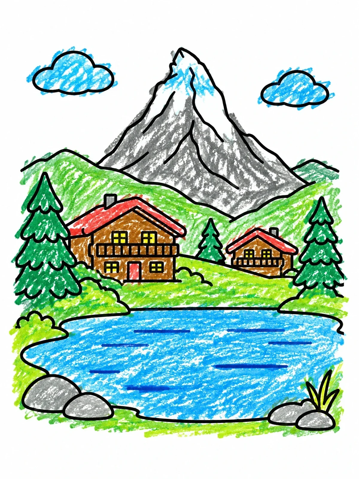 Colored example of the Swiss Alpine Chalet And Lake coloring page