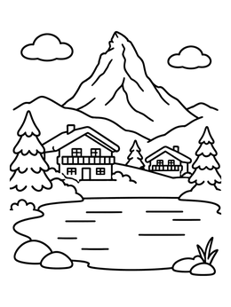Free printable Swiss Alpine Chalet And Lake coloring page