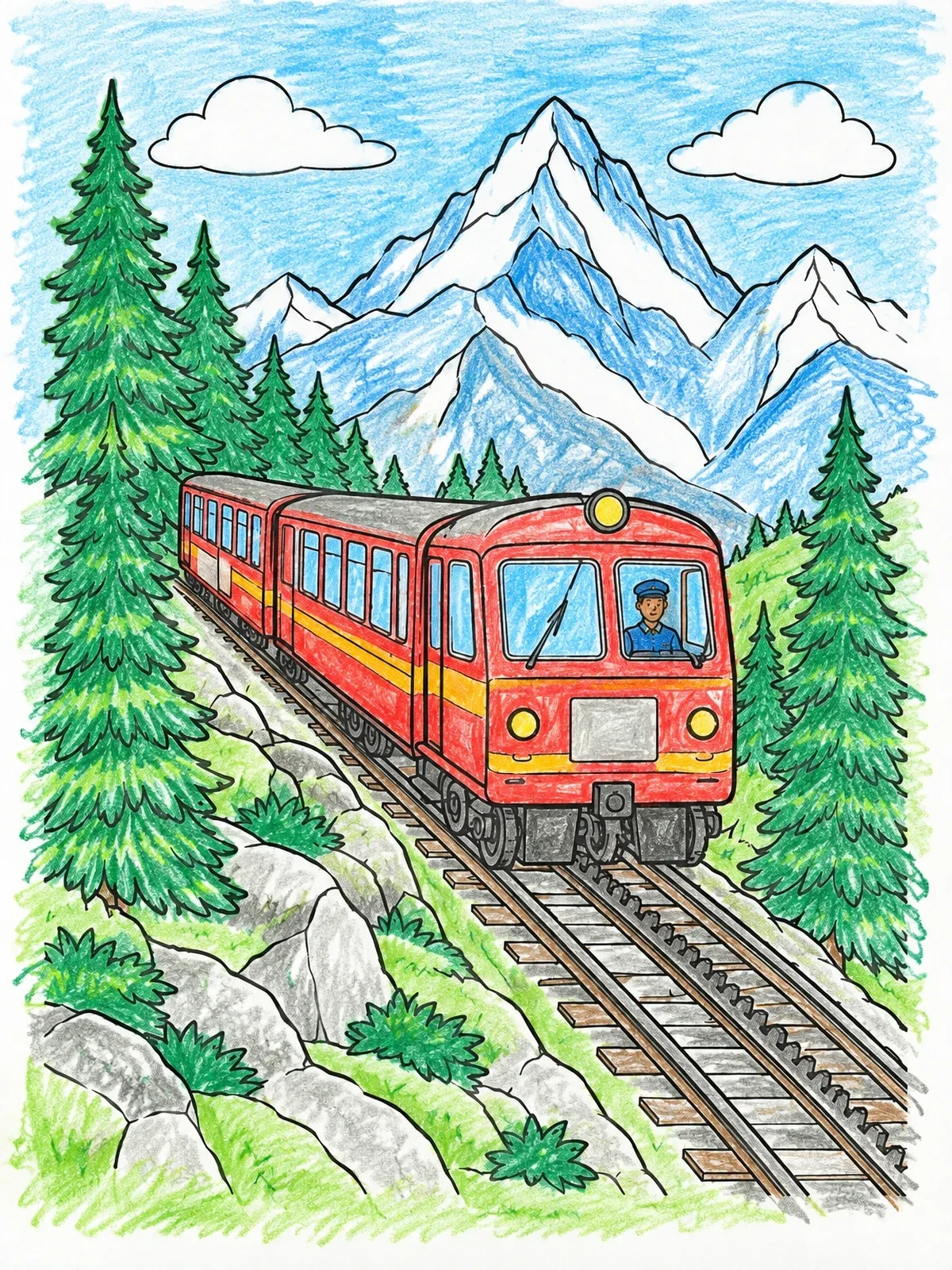 Colored example of the Swiss Alpine Cogwheel Railway Train coloring page
