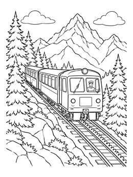 A cogwheel train travels down an Alpine slope on this switzerland coloring page.