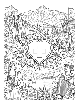 A detailed switzerland coloring page featuring a Swiss heart crest, alpine flowers, hikers, and scenic mountains.