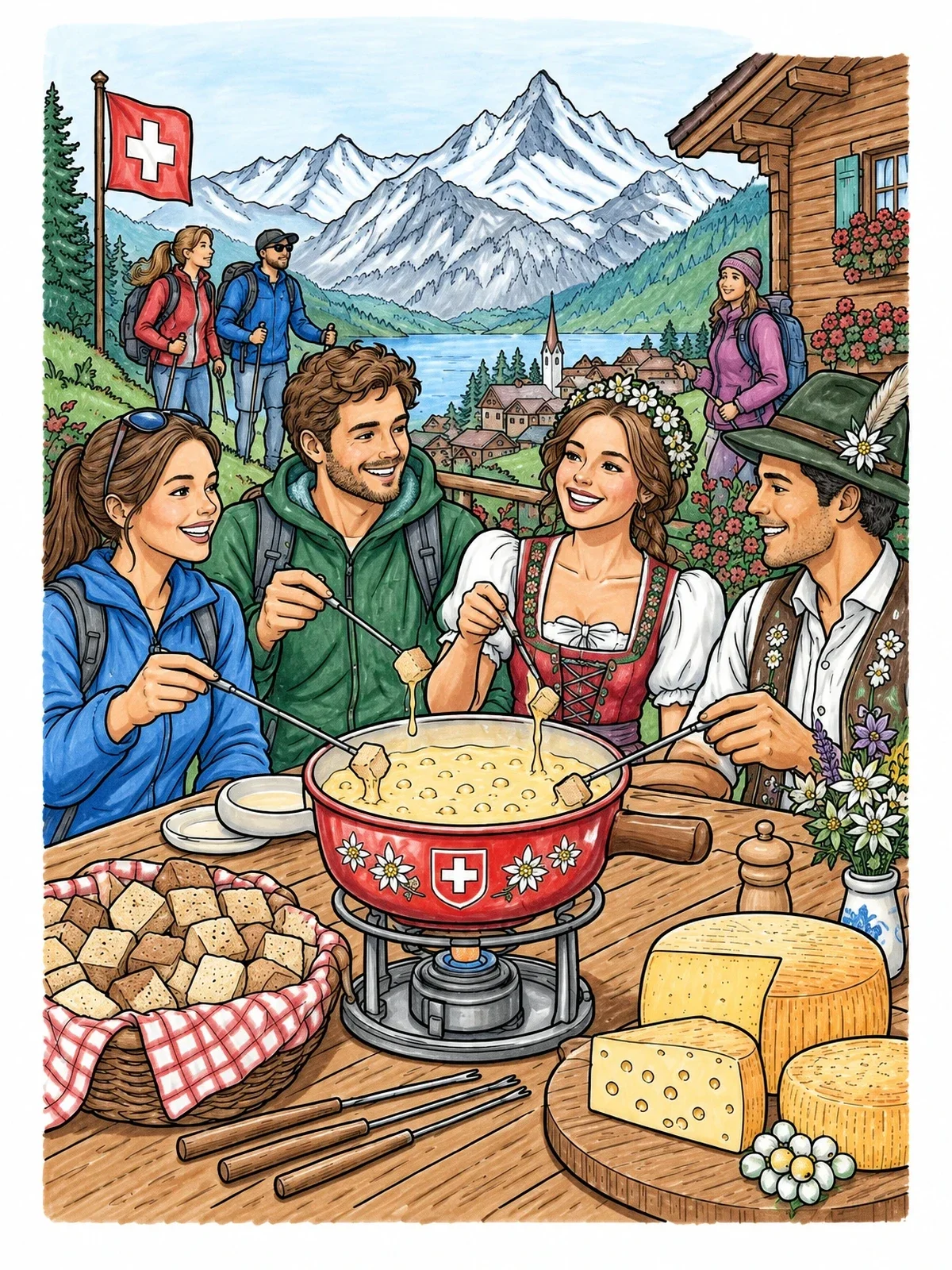 Colored example of the Swiss Alpine Fondue Gathering coloring page