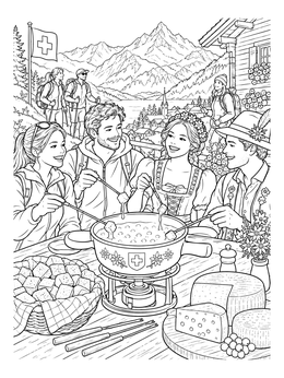 Friends enjoy a bubbling cheese fondue outdoors in this detailed switzerland coloring page.