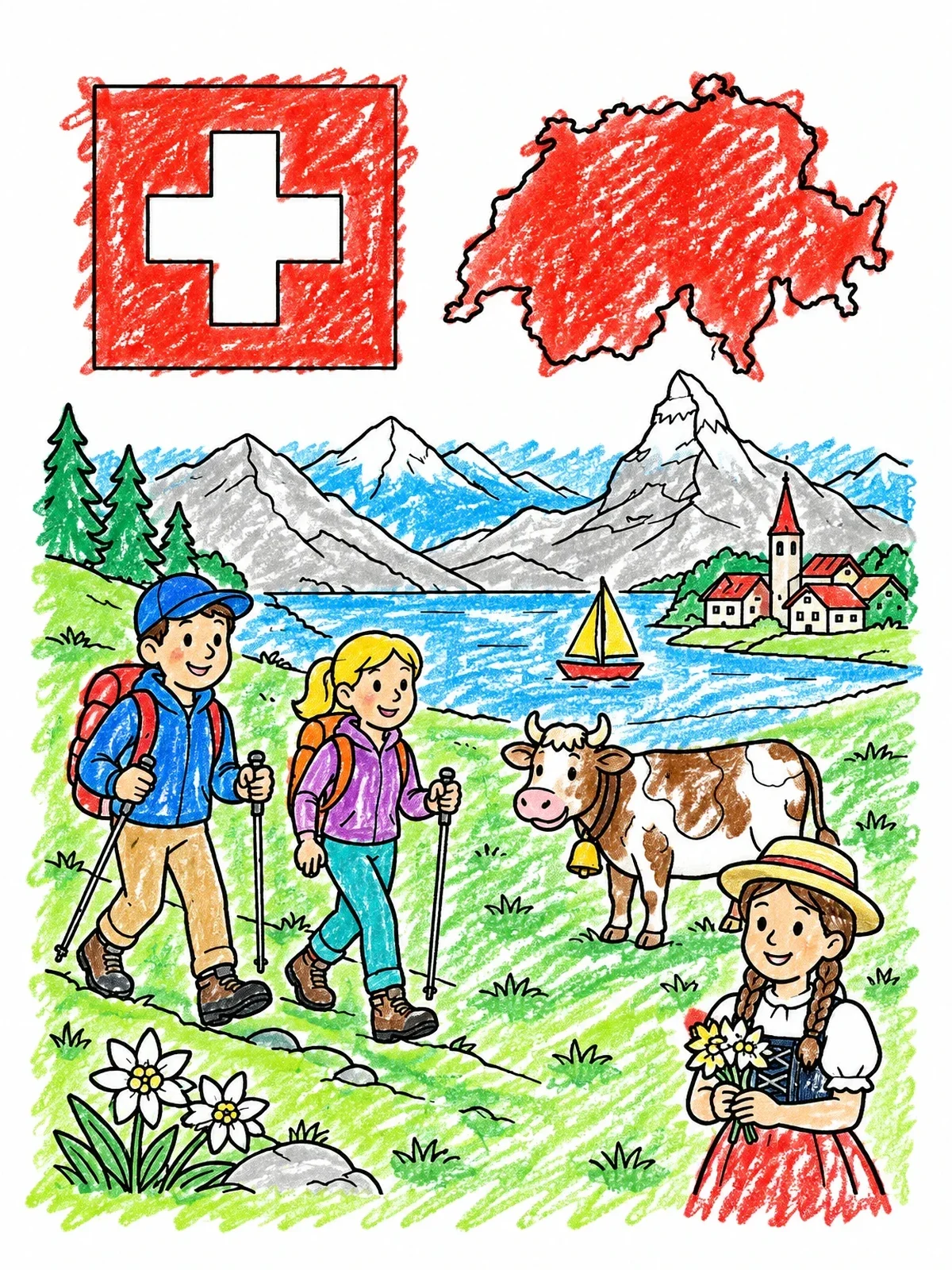 Colored example of the Swiss Alps Hiking Adventure coloring page