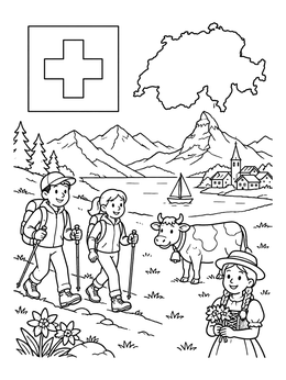Free printable Swiss Alps Hiking Adventure coloring page