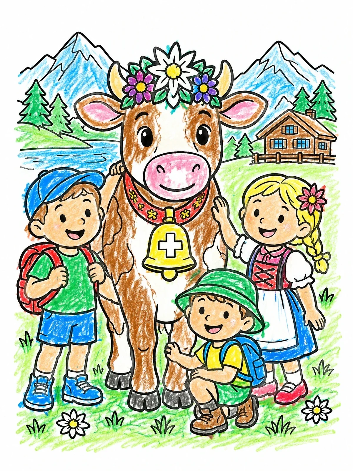 Colored example of the Swiss Cow And Cheerful Children coloring page