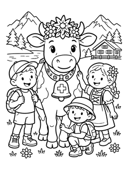 Free printable Swiss Cow And Cheerful Children coloring page