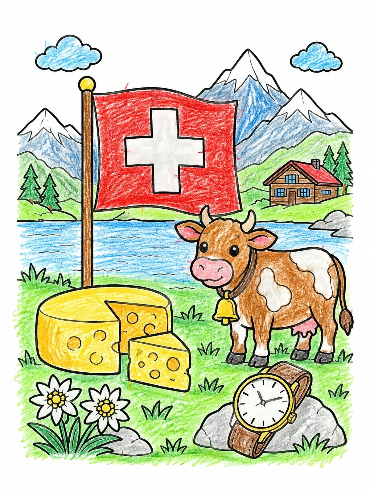 Colored example of the Swiss Flag And Alpine Cow coloring page