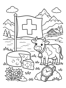 Free printable Swiss Flag And Alpine Cow coloring page