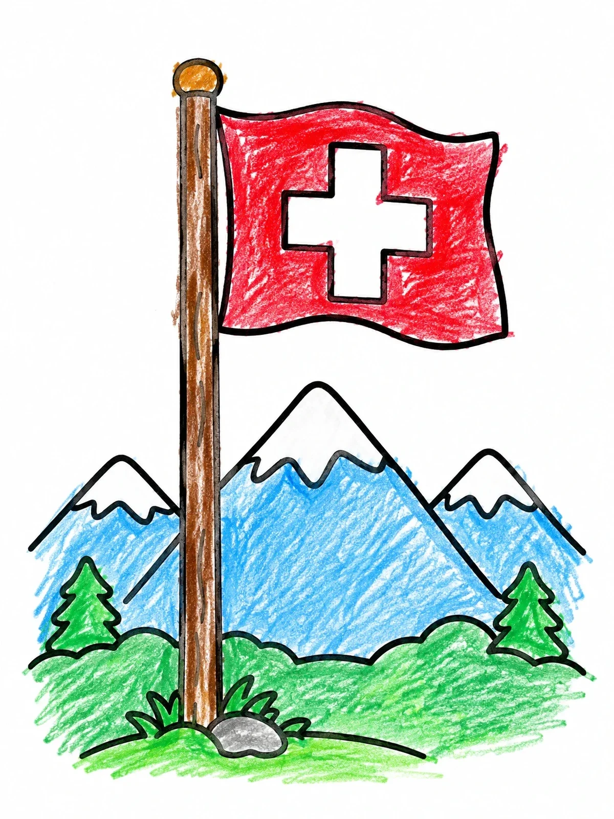 Colored example of the Swiss Flag In Alpine Mountains coloring page