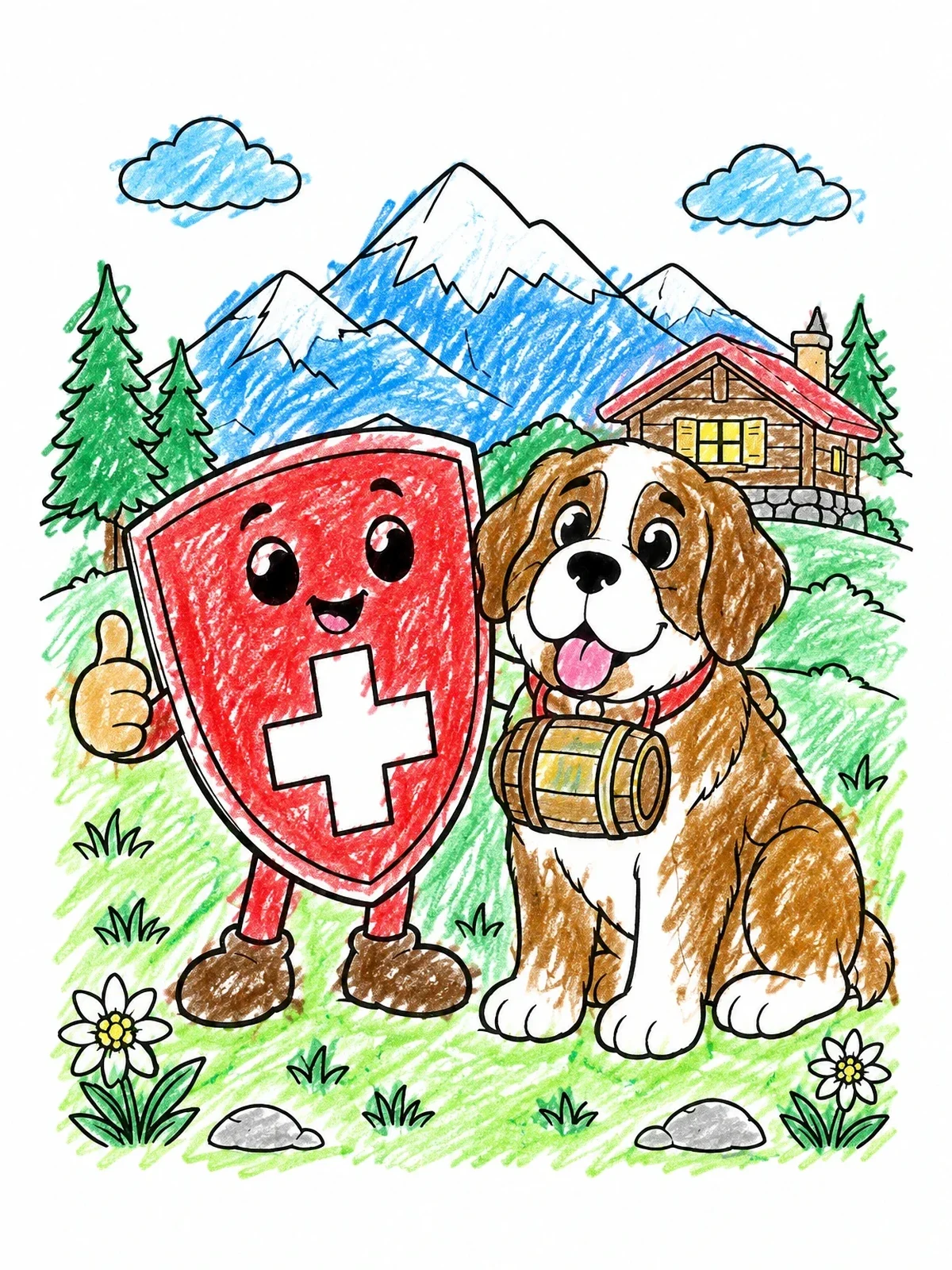 Colored example of the Swiss Shield And St. Bernard Dog coloring page
