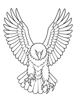 A fierce bald eagle coloring page showing the bird swooping forward with outstretched wings and sharp talons.