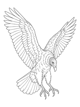 A detailed turkey vulture coloring page showing the bird swooping down with raised wings.