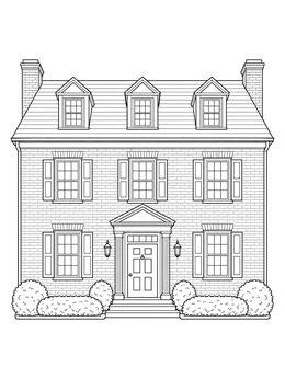 A detailed house coloring page showing a two-story brick colonial home with shutters and dormers.