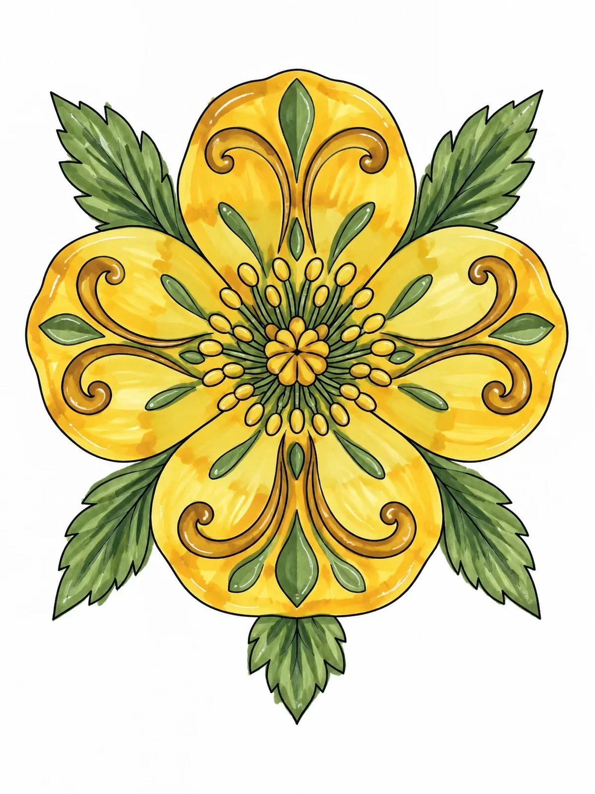 Colored example of the Symmetrical Buttercup Blossom Mandala coloring page