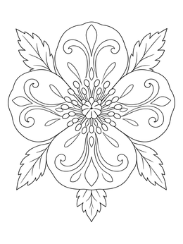 An ornate buttercup flower coloring page viewed from above with decorative flourishes.
