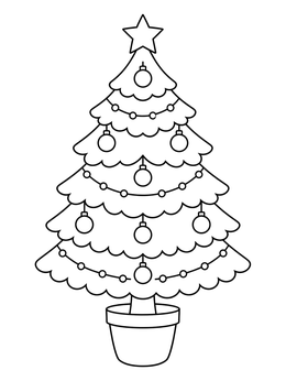 A symmetrical potted christmas tree coloring page with scalloped branches, ornaments, and a star.