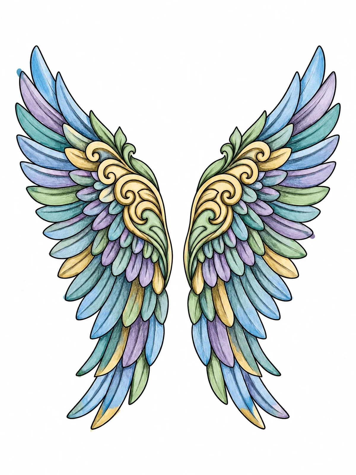 Colored example of the Symmetrical Detailed Angel Wings coloring page