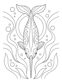 A decorative narwhal coloring page showing the animal diving downward surrounded by flowing waves.