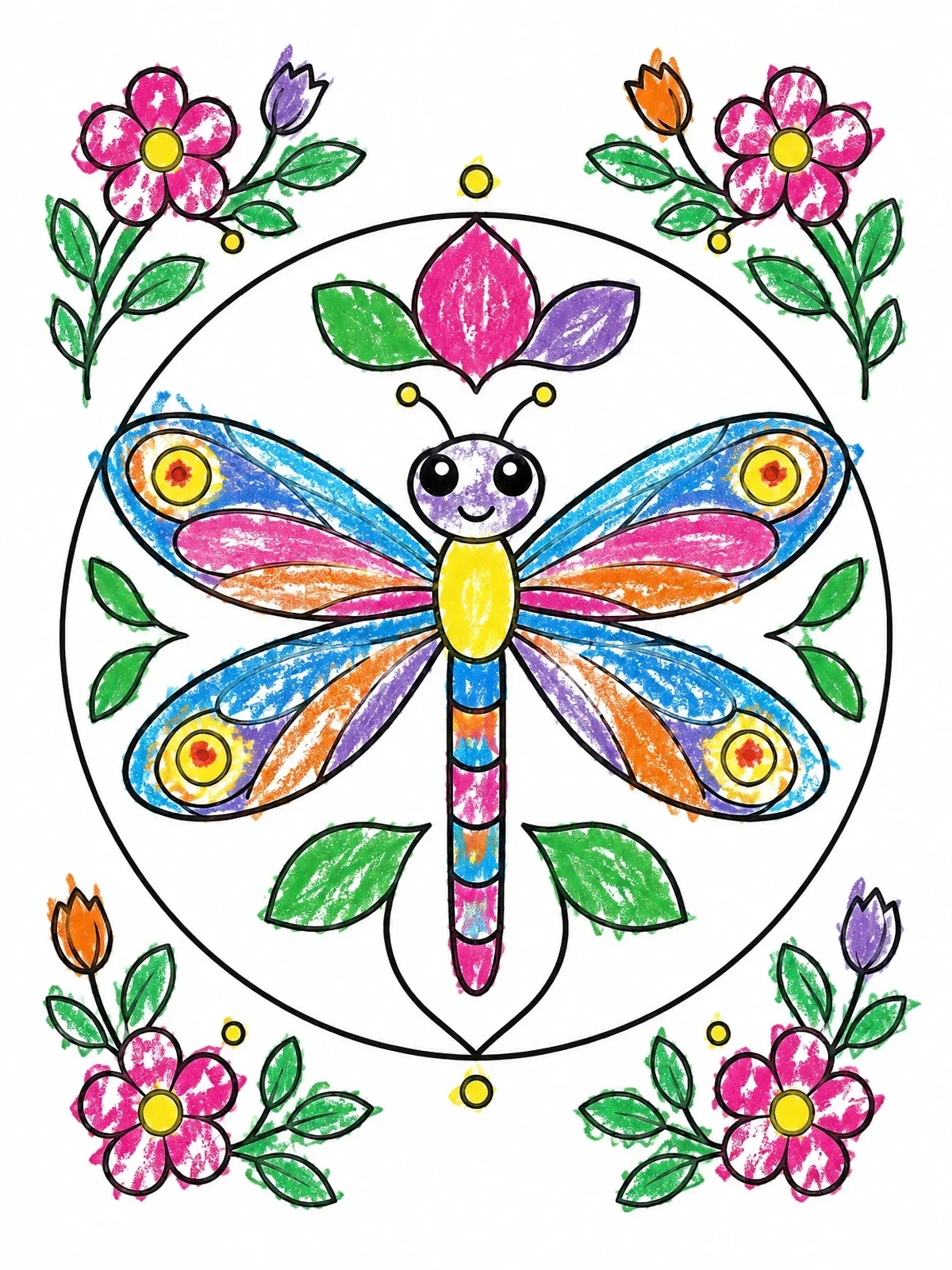 Colored example of the Symmetrical Dragonfly With Flower Frame coloring page
