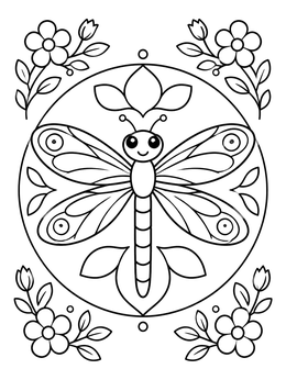 Free printable Symmetrical Dragonfly With Flower Frame coloring page