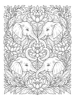 Detailed elephant coloring page with four symmetrical elephant heads and blooming lotus flowers.