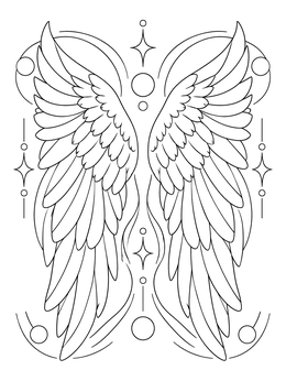 A celestial pair of angel wings on this detailed feather coloring page with starry accents.
