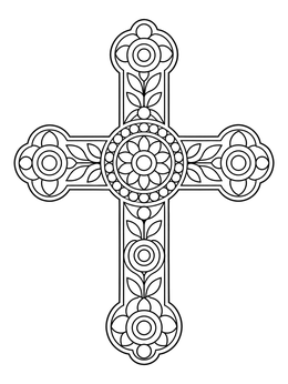 A decorative cross coloring page adorned with symmetrical floral and circular motifs.