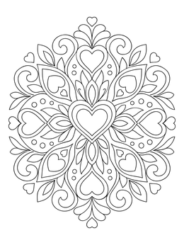 Intricate heart coloring page featuring a symmetrical floral mandala design.