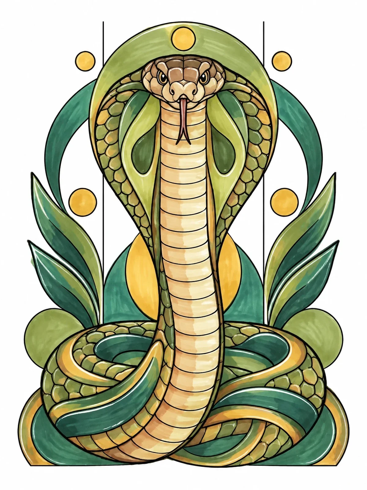 Colored example of the Symmetrical King Cobra In Art Nouveau Style coloring page