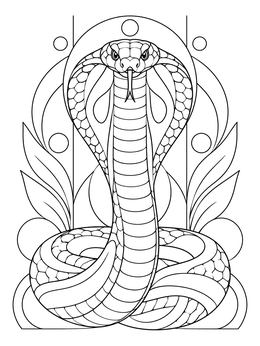 A flared serpent rises in this elegant king cobra coloring page with stylized leaf and circular accents.